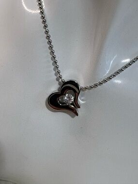Necklace Heart-Shaped Pendant with Center Crystal - Stainless Steel
